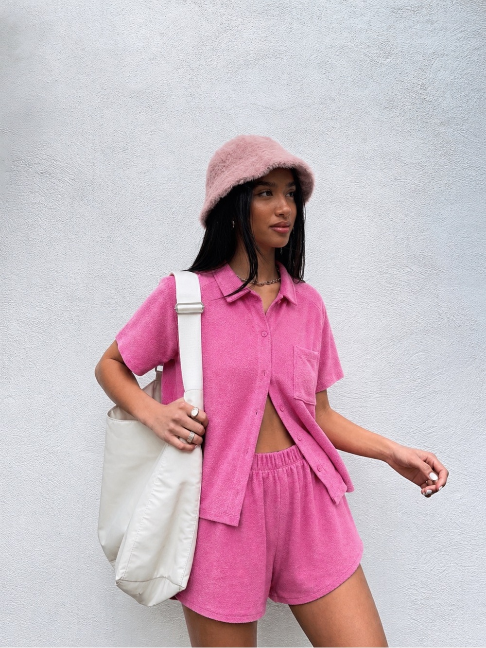 Hollister Pink Terry Cloth Set Oversized Shirt L Shorts S Coquette